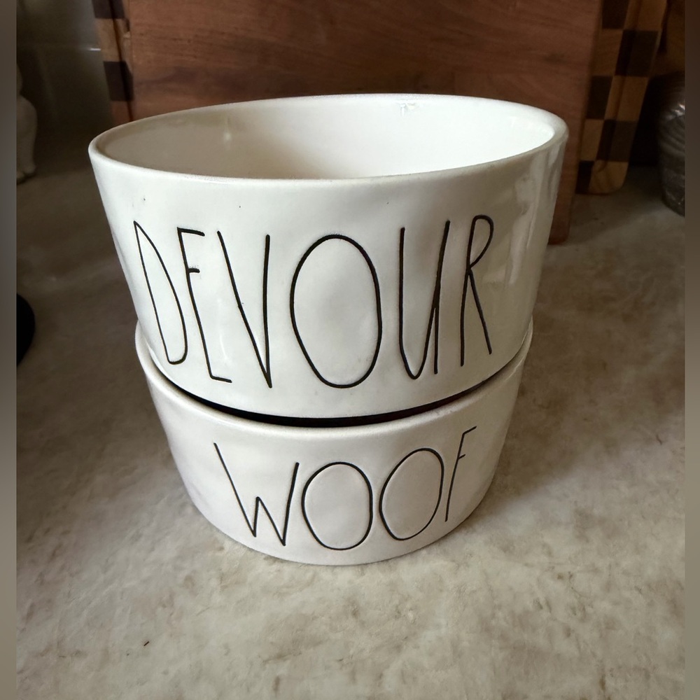 Rae Dunn Woof and Devour ceramic dog bowls - Picture 2 of 12